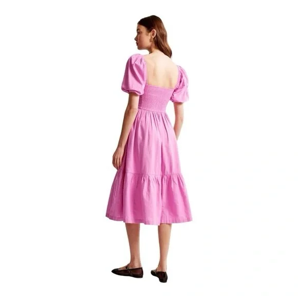 Abercrombie & Fitch Emerson Linen-Blend Puff Sleeve Midi Dress in Pink Size L - Picture 5 of 16